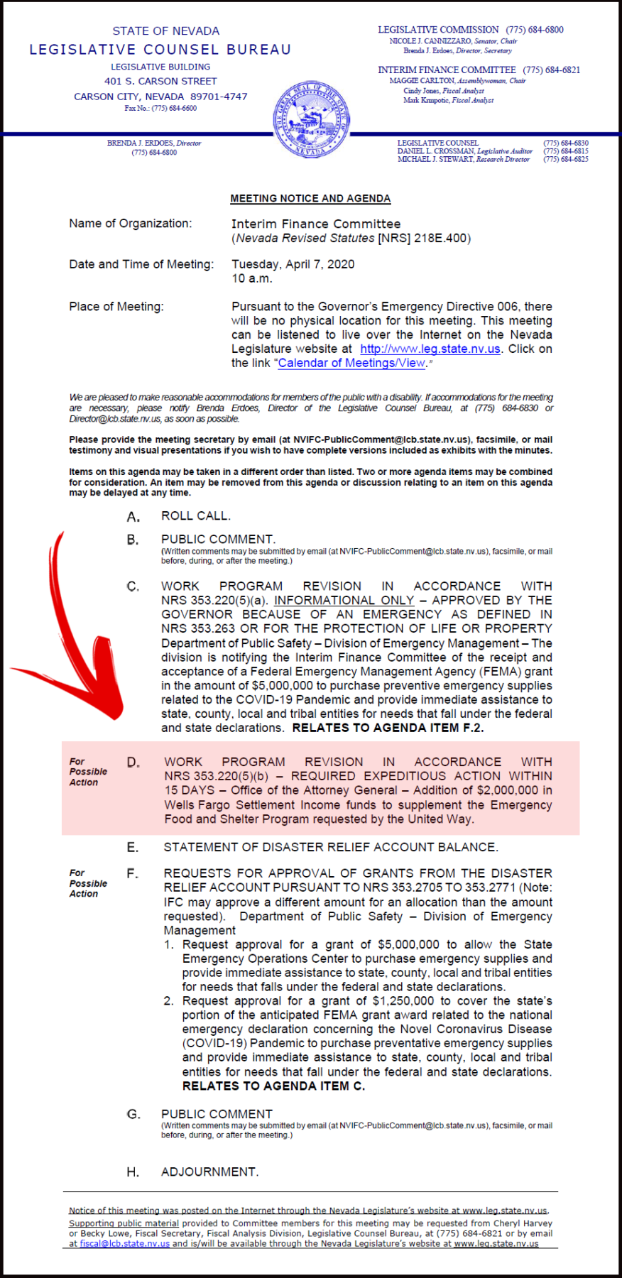 Nevada Attorney General Ford Announces 2 Million in Emergency Funding