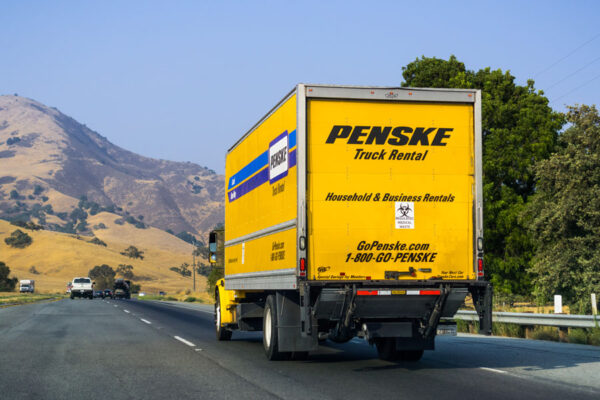 Penske rented truck driving on the freeway in south San Francisco bay area