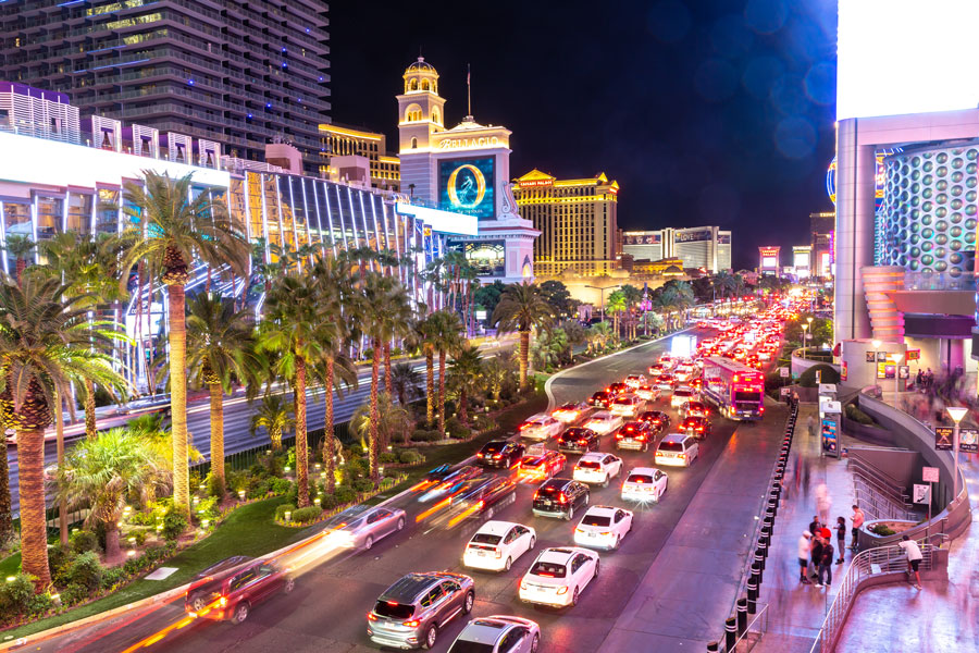 Car light trails on the strip at night in Las Vegas, Nevada. Photo credit ShutterStock.com, licensed.