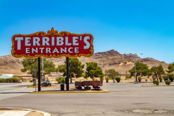 Signage for the entrance of Terrible’s Hotel and Casino located in the small town of Jean, Nevada.
