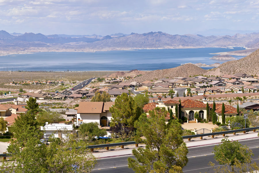 A view of Boulder City Nevada suburbs and Lake Meade with its surrounding mountains. File photo: Rigucci, Shutter Stock, licensed.