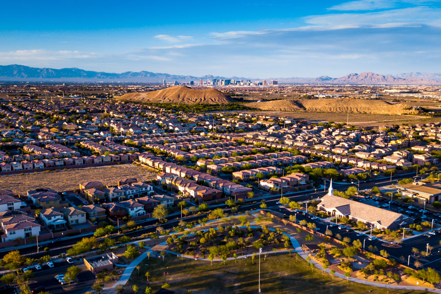 An aerial view of the Mountains Edge master planned community in Enterprise, Nevada.