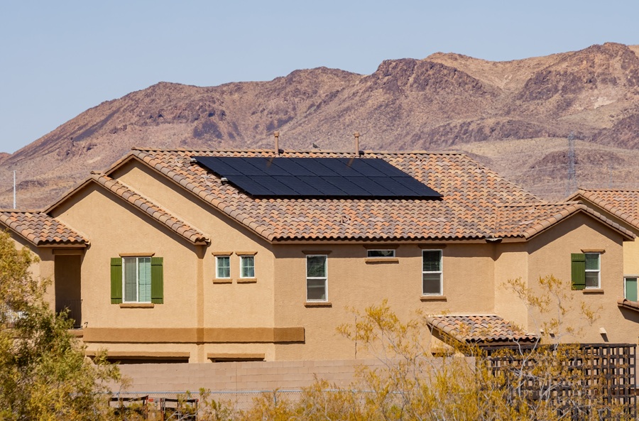 Sunny view of a two stories house with solar panel at Nevada