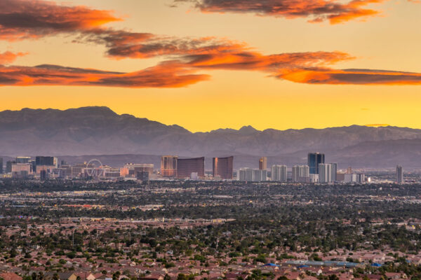 Panorama cityscape view of Las Vegas at sunset in Nevada, United States of America